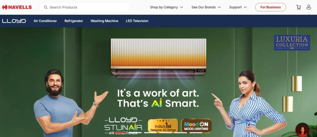 Lloyd AC website banner (Ranveer Singh and Deepika Padukone)