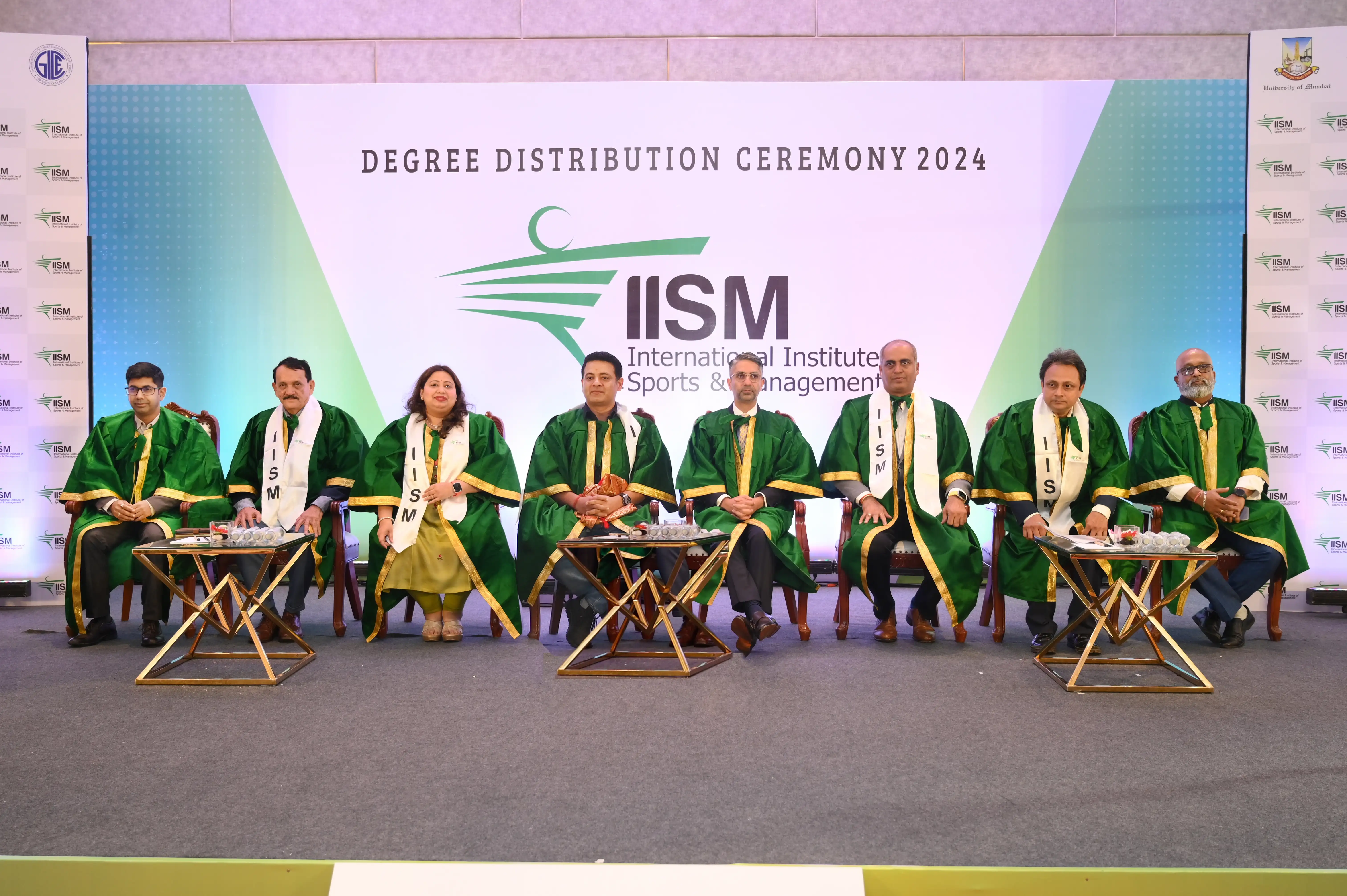 's Chief Guest Mr. Abhinav Bindra and Guest of Honor Mr. Piyush Chawla with IISM Head Members on the stage of Convocation ceremony