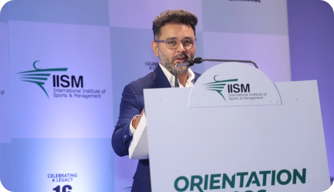Mr. Parthiv Patel giving motivational speech at the IISM Orientation Day 2026